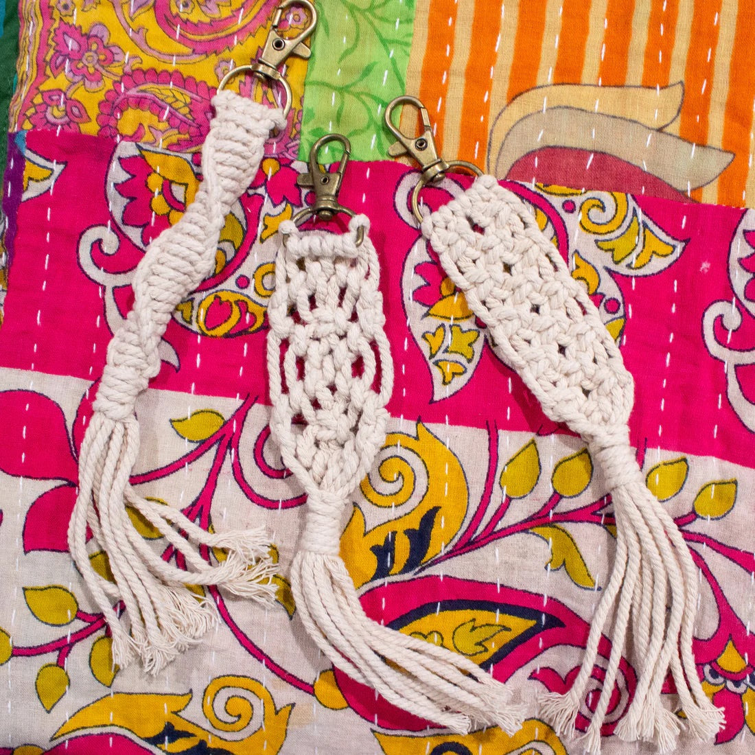 Boho Style Macrame Braided Keychain With Lobster Claw - Cotton